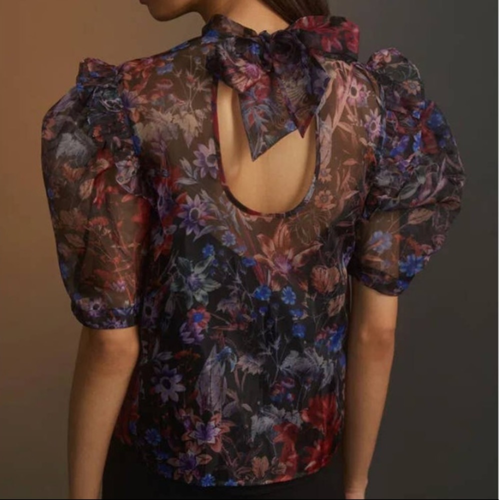ANTHROPOLOGIE | MAEVE Floral Organza Puff Sleeve Blouse Women’s Size Medium